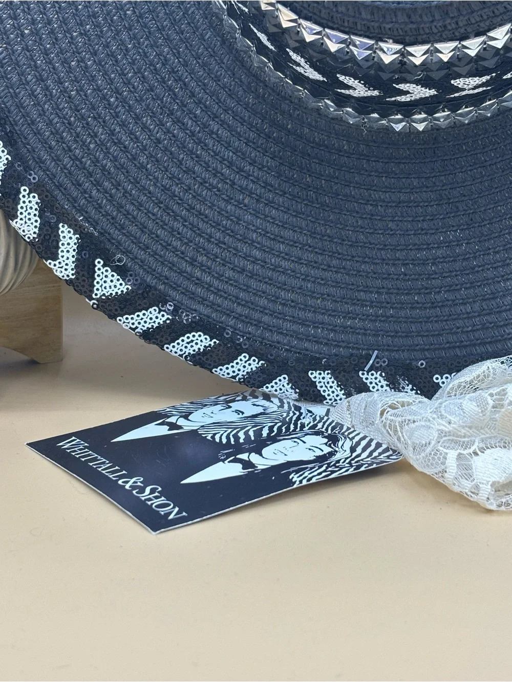 Whittall & Shon Black Silver Sequin Wide Brim Church Derby Statement Hat